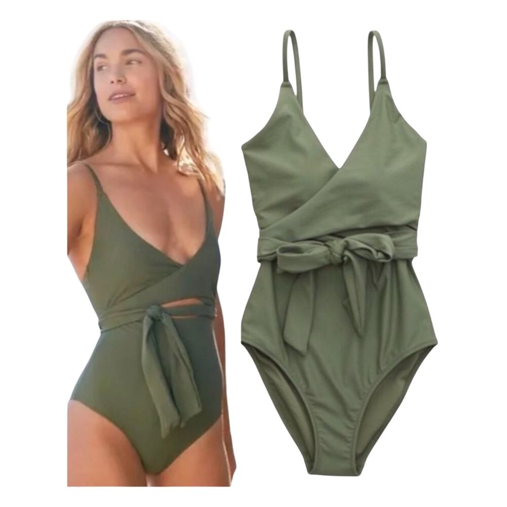 Aerie Full Coverage Wrap Tie Front One Piece Swimsuit Olive Fun Size Medium - Picture 1 of 13